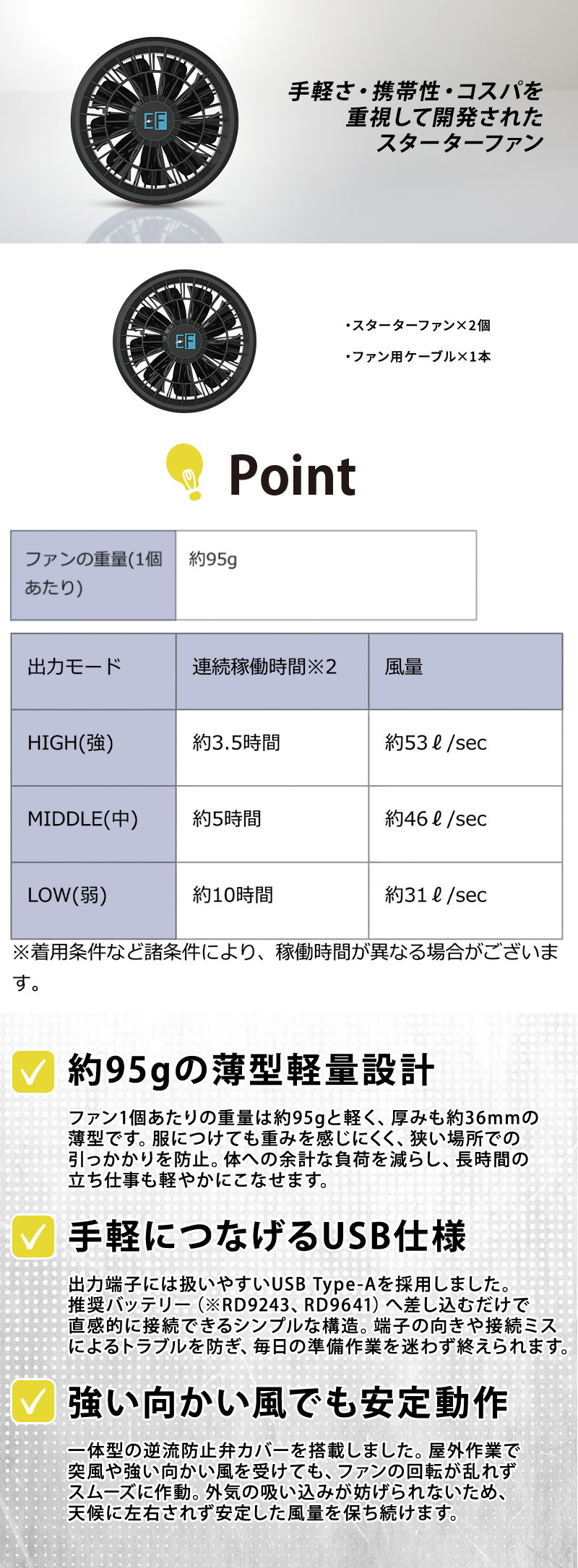 猛暑の現場作業や工場での暑さ対策に役立つ空調ウェア用送風機です。1個あたり約95gの軽量薄型設計でウェアが重くならず、道具を使わず回すだけのスピンロック式で簡単に着脱可能。USB Type-A接続で最長約10時間稼働する電動ファンセットRD9226。