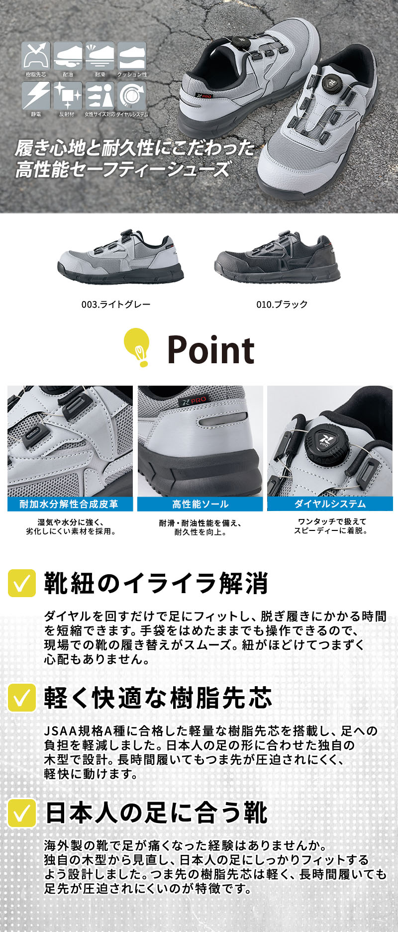  ワンタッチで着脱できるダイヤル式のローカット安全靴・作業靴。滑りにくい耐滑・耐油ソールや水濡れに強い耐加水分解性合成皮革を採用し、工場や倉庫、建築現場での作業を快適にします。つま先を保護する軽量なJSAA規格A種樹脂先芯入りで疲れにくい設計。メンズ・レディース対応。AZ-51685