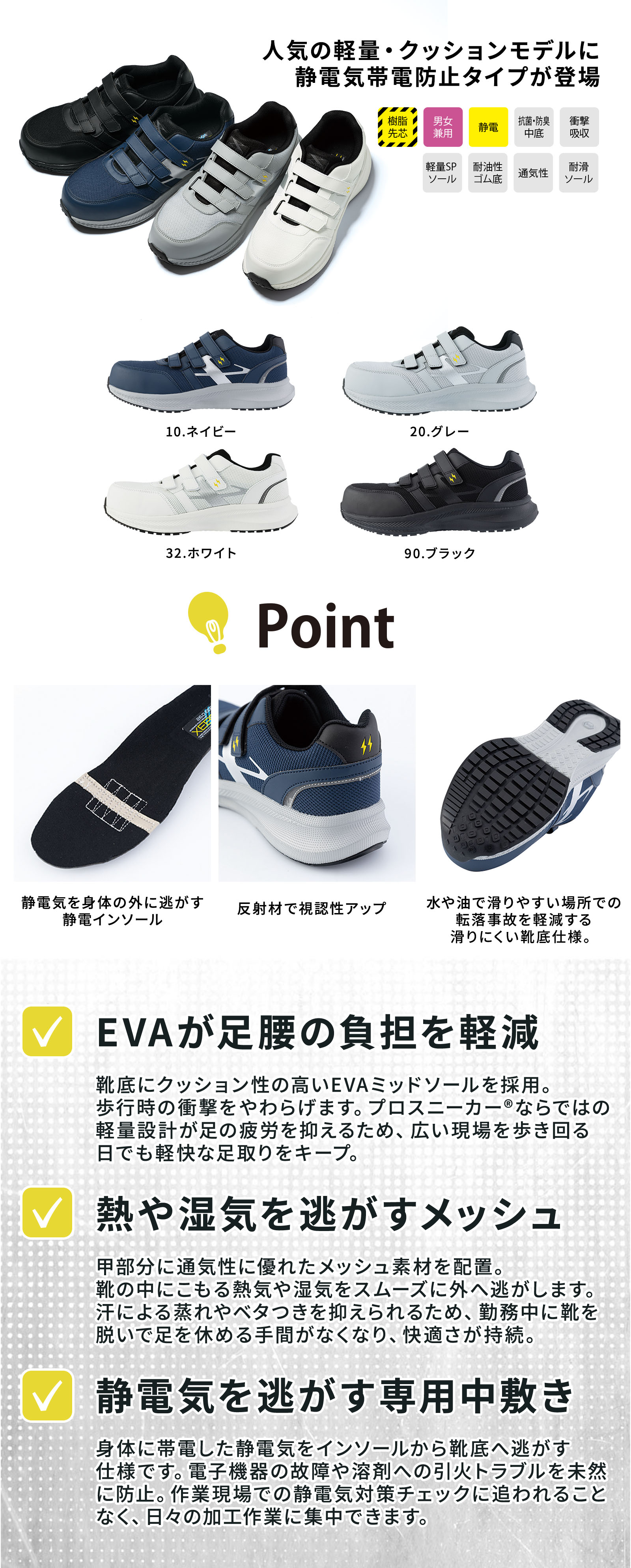  精密機器工場や各種溶剤を扱う作業場での火災・製品事故を防ぐ静電安全靴です。通気性に優れたメッシュとクッション性の高いEVAミッドソールが足の疲れを軽減。耐油・耐滑ラバー底や樹脂先芯を備え、JSAA A種認定基準を満たした男女兼用の作業用プロスニーカー85113。
