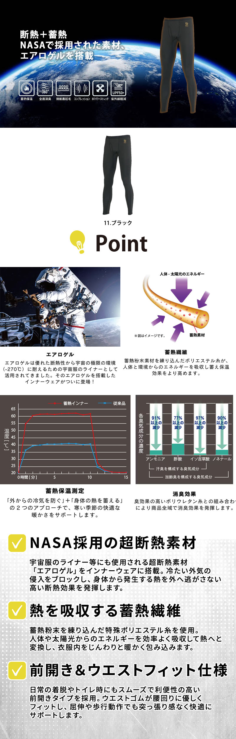  NASA採用の断熱素材エアロゲルと蓄熱繊維を組み合わせたハイエンド防寒タイツ。ミディアムウェイトのやや厚地生地、消臭ポリウレタン糸、使いやすい前開き仕様を備えた冬用コンプレッションタイツ。JW-261