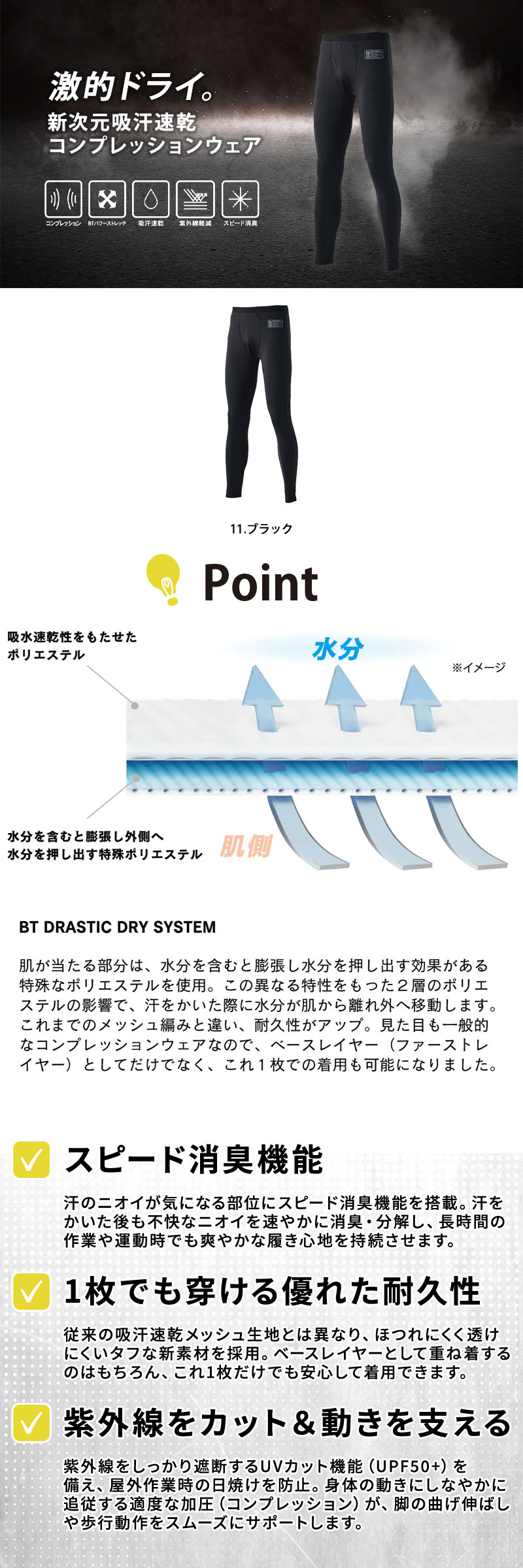  BTドラスティックドライシステムを搭載した高機能前開きコンプレッションロングパンツ。圧倒的な吸汗速乾性、ほつれにくい耐久性、前開き仕様、スピード消臭、UVカットUPF50+を備えたおたふく手袋の作業用タイツ。JW-579