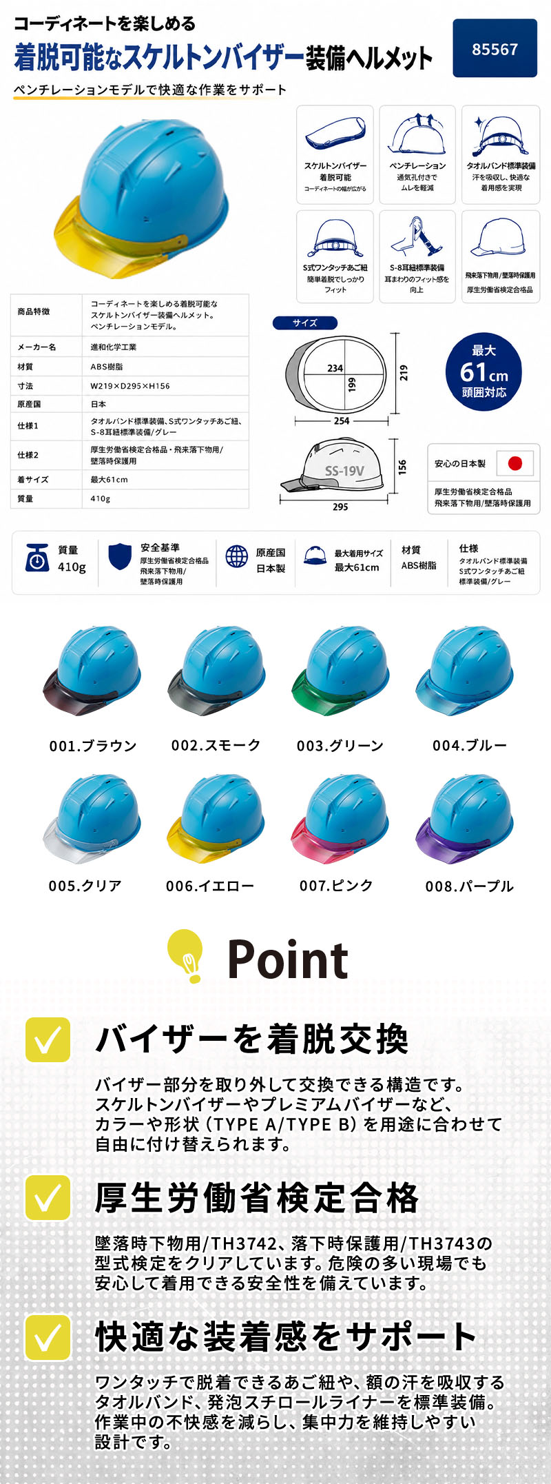  進和化学ﾍﾙﾒｯﾄｸﾘｱﾊﾞｲｻﾞｰTYPEA63912ﾌﾞﾙｰ帽体紹介画像