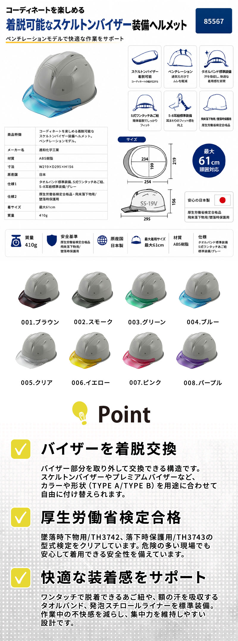  進和化学ﾍﾙﾒｯﾄｸﾘｱﾊﾞｲｻﾞｰTYPEA85567ｸﾞﾚｰ帽体紹介画像