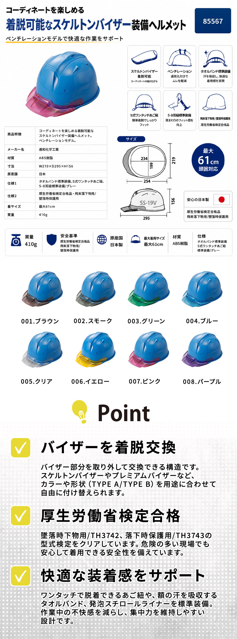  進和化学ﾍﾙﾒｯﾄｸﾘｱﾊﾞｲｻﾞｰTYPEB62011ﾌﾞﾙｰ帽体紹介画像
