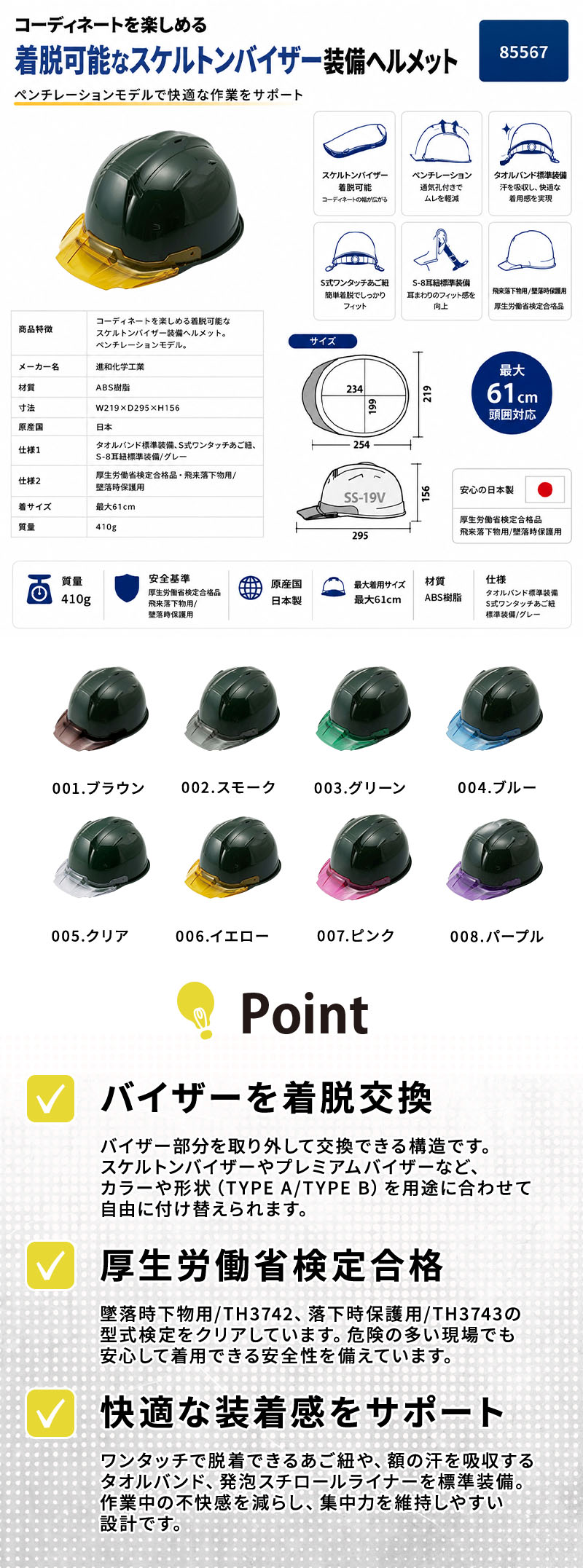  進和化学ﾍﾙﾒｯﾄｸﾘｱﾊﾞｲｻﾞｰTYPEBLｸﾞﾘｰﾝ帽体紹介画像