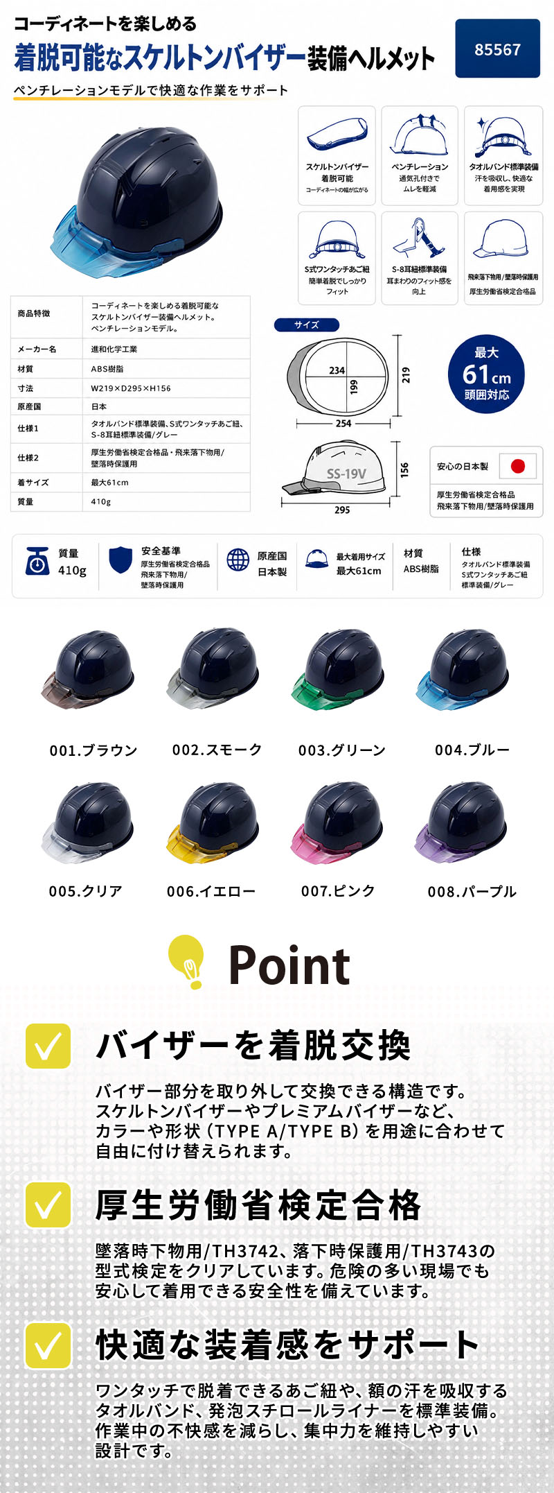  進和化学ﾍﾙﾒｯﾄｸﾘｱﾊﾞｲｻﾞｰTYPEBL紺帽体紹介画像