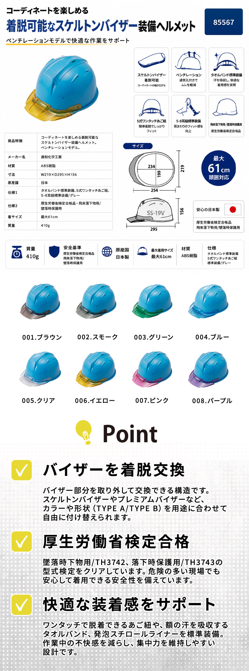  進和化学ﾍﾙﾒｯﾄｸﾘｱﾊﾞｲｻﾞｰTYPEB63912ﾌﾞﾙｰ帽体紹介画像