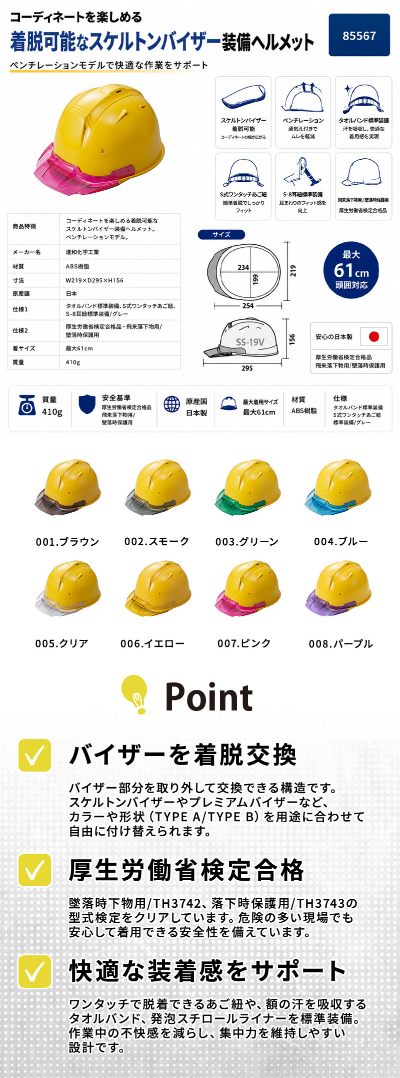  進和化学ﾍﾙﾒｯﾄｸﾘｱﾊﾞｲｻﾞｰTYPEBﾚﾓﾝ帽体紹介画像