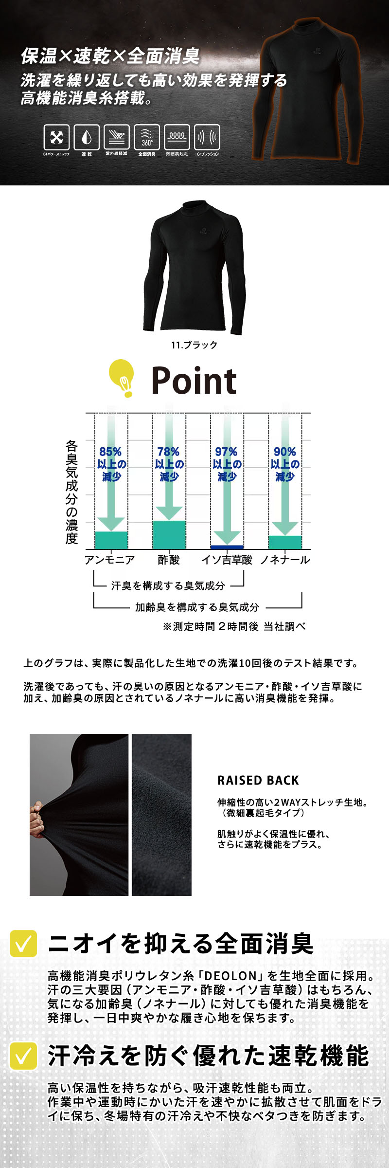  高機能消臭ポリウレタン糸DEOLONと微細裏起毛を採用した防寒インナー「BTパワーストレッチ サーモデオ ハイネックシャツ」。全面消臭、吸汗速乾、遠赤加工、2WAYパワーストレッチ、UVカットUPF50+、ハイネック仕様を備えたおたふく手袋の作業用防寒シャツ。JW-275