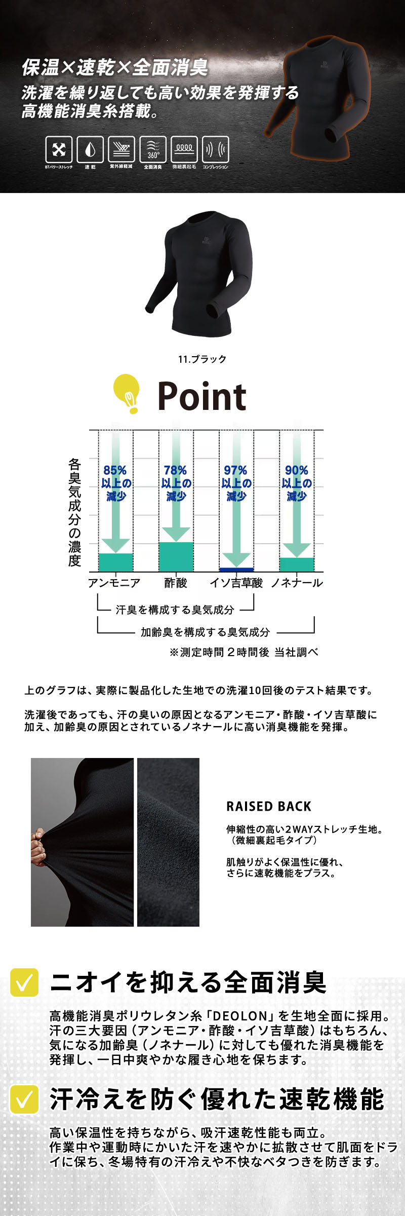  高機能消臭ポリウレタン糸DEOLONと微細裏起毛を採用した防寒インナー「BTパワーストレッチ サーモデオ クルーネックシャツ」。全面消臭、吸汗速乾、遠赤加工、2WAYパワーストレッチ、UVカットUPF50+、クルーネック仕様を備えたおたふく手袋の作業用防寒シャツ。JW-276