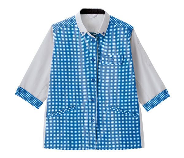 U136　ベスト　U130シリーズ　どんな場所にも似合うカラーとチェック柄が、明るく、清潔感のある空間づくりをサポートします。七分袖ジャケット　ブルー