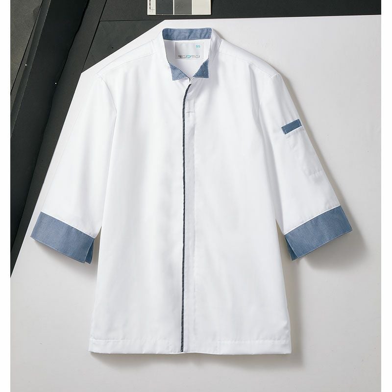 調理コート 白/ブルーチェック